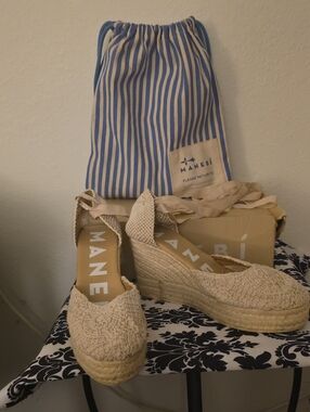 Manebi Women's Yukatan (Natural) Cotton Crochet Wedge Espadrilles US Size 11